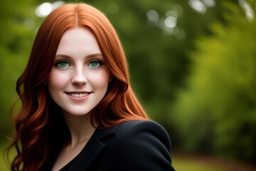 Naklejka premium portrait young woman redhead smile looking at camera, park with tree on background