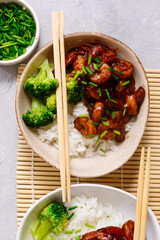 Shrimps in soy-honey sauce with rice and broccoli.selective focus