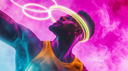 Fototapeta premium A basketball player, with a countdown timer and a ring over his head, is shown. This image represents the excitement, competition, and technology used in sports today.