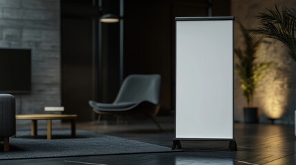 Modern living room with a blank presentation board and contemporary furniture in soft lighting