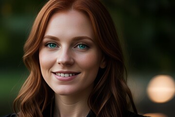 Fototapeta premium portrait young woman redhead smile looking at camera, park with tree on background