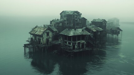 Obraz premium isa of houses in the middle of the sea with darkness