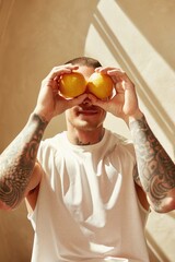 Tattooed Male Covering Eyes with Oranges
