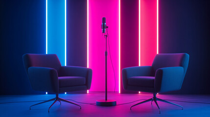 Neon Podcast Studio Interior Design with Two Chairs and Microphone