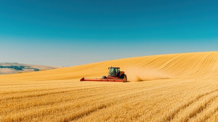 Obraz premium Red Tractor Harvesting Wheat in a Rolling Field