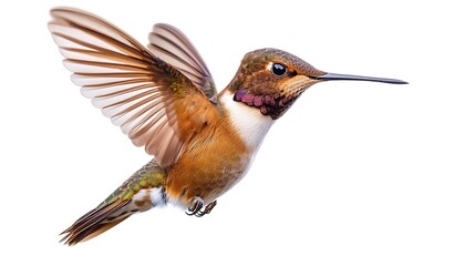 Fototapeta premium Brightly colored male rufous hummingbird perched on a white surface.
