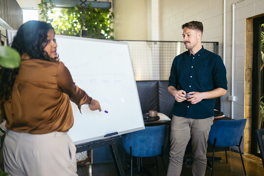 Workers presenting the company's annual results to their colleagues