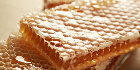 Natural Honeycomb Dripping Honey in Macro View
