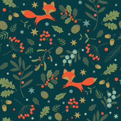 Fototapeta premium Christmas seamless pattern with fox, berries, leaves, cones, stars. 
