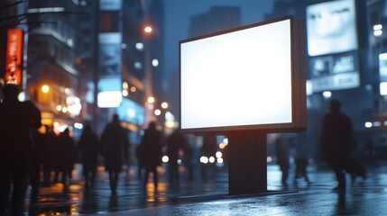 Empty billboard on a bustling city street at night with blurred pedestrians and lights shining