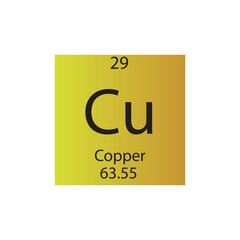 Cu Copper Transition metal Chemical Element Periodic Table. Simple flat square vector illustration, simple clean style Icon with molar mass and atomic number for Lab, science or chemistry class.