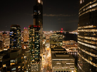 Aerial Night View of City Streets and Skyscrapers