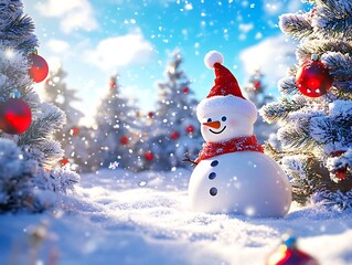 Obraz premium A Cheerful Snowman Standing Amidst Snow-Covered Pine Trees with Red Christmas Ornaments