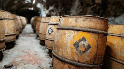 Row of rusted industrial barrels with circular hazard symbols stored in a dimly lit underground tunnel or storage area