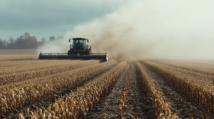 Fototapeta premium Combine Harvester Cutting Through a Cornfield