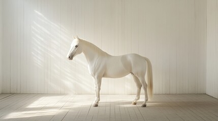 Obraz premium White horse standing gracefully in sunlit room