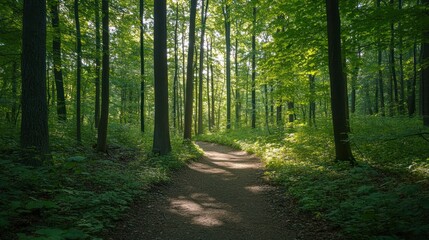 Fototapeta premium Sunbeams Illuminating a Path Through a Dense Forest