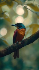 Fototapeta premium Stunning Rufous-tailed Jacamar perched in wild nature on a tree.