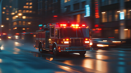A powerful fire truck speeding through a city street at dusk with sirens on and lights flashing ready for action.