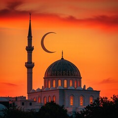 Fototapeta premium Mosque at sunset with crescent moon, orange-red sky, glowing windows