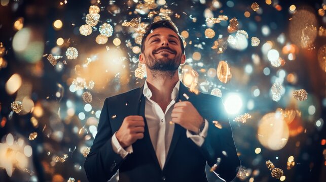 A man dressed in a sleek suit stands joyfully amidst a colorful cascade of confetti. The celebration atmosphere enhances his smile as he revels in the festive moment under dazzling lights.