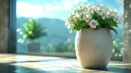 White flowers in a pot on a wooden table with a mountain view out a window.