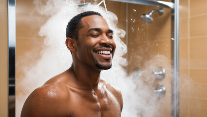 African American positive man washes in the shower