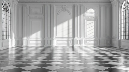 White Palace Room with Checkerboard Floor and Sunbeams.