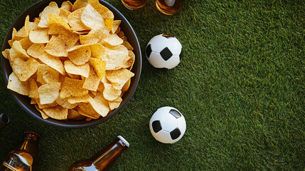 Fototapeta premium A bowl of chips, mini soccer balls, and beer bottles are arranged on a grassy surface, perfect for a football game snack spread.