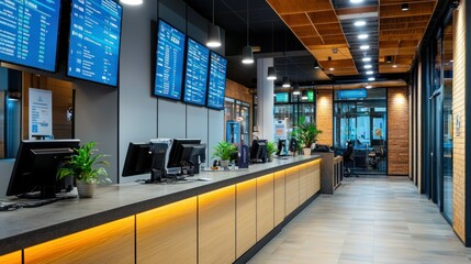 Modern Reception Area with Wooden Panels and Bright Lighting