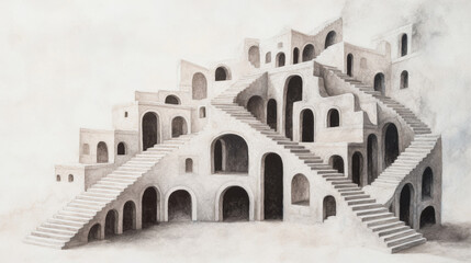 Obraz premium Surreal architectural labyrinth with endless staircases and arches