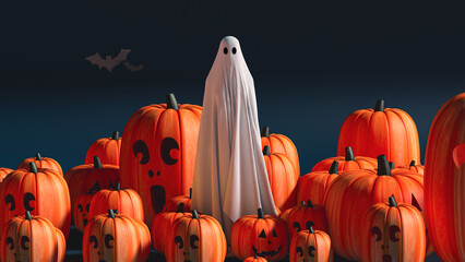 Ghostly figure surrounded by pumpkins and bats in a Halloween setting