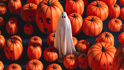 Ghostly figure surrounded by pumpkins and bats in a Halloween setting