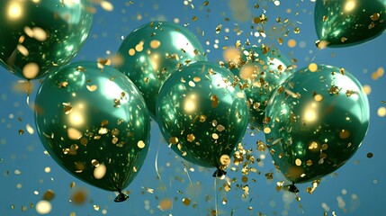 Festive Green Balloons with Gold Confetti Celebration
