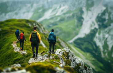 A group of people hiking on a scenic trail high in the mountains, captured with a shallow depth of field from a distance.