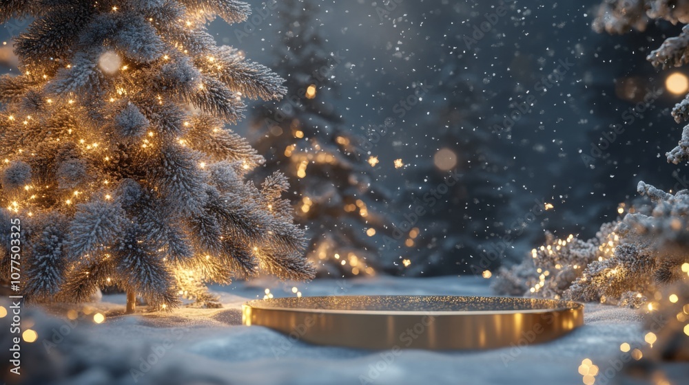 Poster a serene winter night features snow-covered trees adorned with warm lights, creating a magical atmos