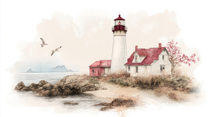 Serene coastal lighthouse with red roof and seagulls in pastel watercolor illustration © Kepler