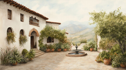 Obraz premium Tranquil mediterranean courtyard with fountain and lush greenery