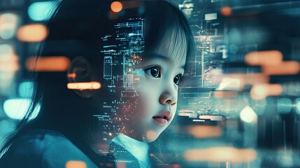 Fototapeta premium Child with Futuristic Digital Background