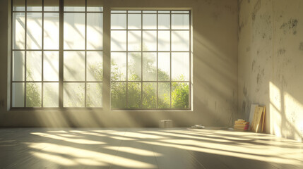 A bright room with big windows, letting in sunlight. Another room looks messy, with light and shadows dancing on the floor.  A plain concrete wall is in the background.