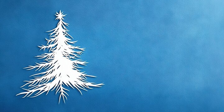 simple minimalist silver line drawing of christmas tree on blue background 