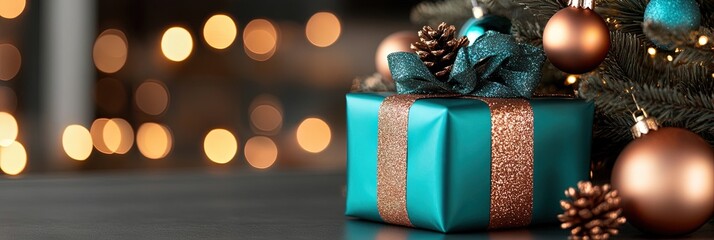 professional photo of Christmas Tree with copper Decorations And turquoise Gift 