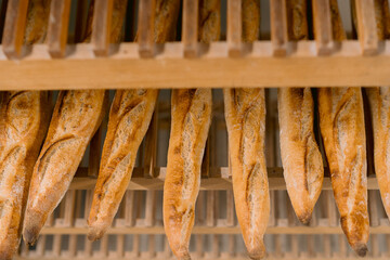 Golden brown baguettes arranged neatly on racks.