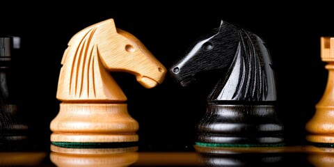 wood chess pieces, black background; black and white knights