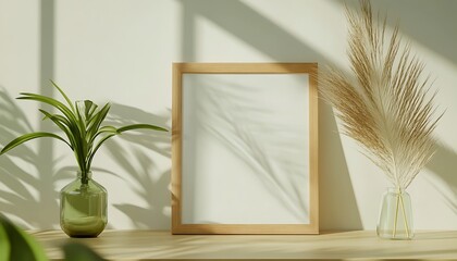 A minimalist display featuring a blank frame, a plant, and dried grass in a sunlit setting.