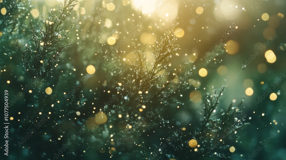 Aufkleber A close-up view of green tree branches against a blurred background of golden bokeh lights. The image has a soft, dreamy feel.