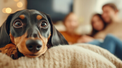 Sweet dachshund puppy snuggled on a cozy blanket with family in warm living room, capturing heartwarming moment of domestic happiness