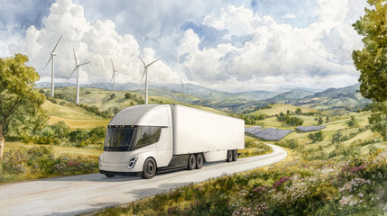 Obraz premium Eco-friendly electric truck driving through scenic countryside with wind turbines and solar panels