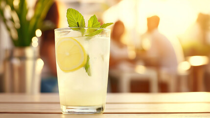 Glass of refreshing lemonade with ice, lemon slice, and mint on a wooden table at an outdoor cafe, creating a perfect summer beverage
