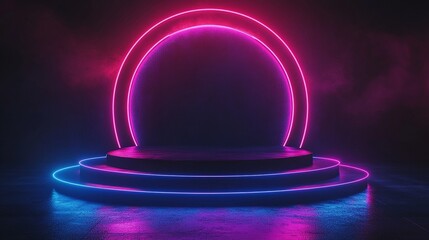 Dark podium with glowing neon details, futuristic, sharp contrast, minimal design